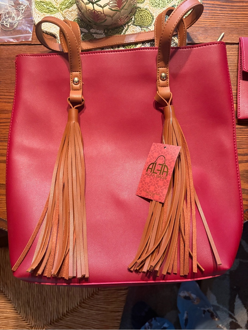 Women’s Red Tote with Tan Tassels